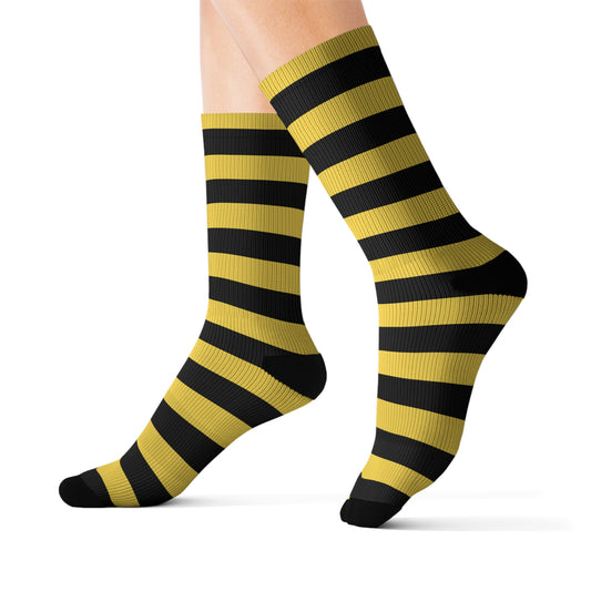 Black Yellow Striped Socks, Stripe Crew Sublimation Women Men Designer Fun Novelty Cool Funky Crazy Casual Cute Unique Sport Dress