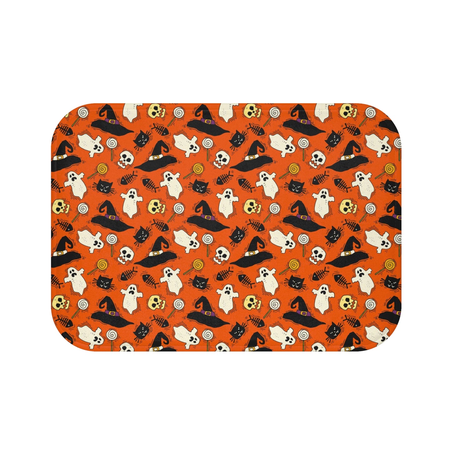 Halloween Bath Mat, Orange Black Cat Ghosts Skulls Shower Bathroom Decor Non Slip Floor Memory Foam Microfiber Large Small Washable Rug