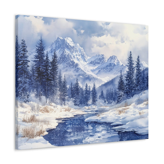 Winter Canvas Gallery Wrap, Snowy Mountain River Pine Trees Scene Watercolor Wall Art Print Decor Small Large Hanging Landscape Living Room