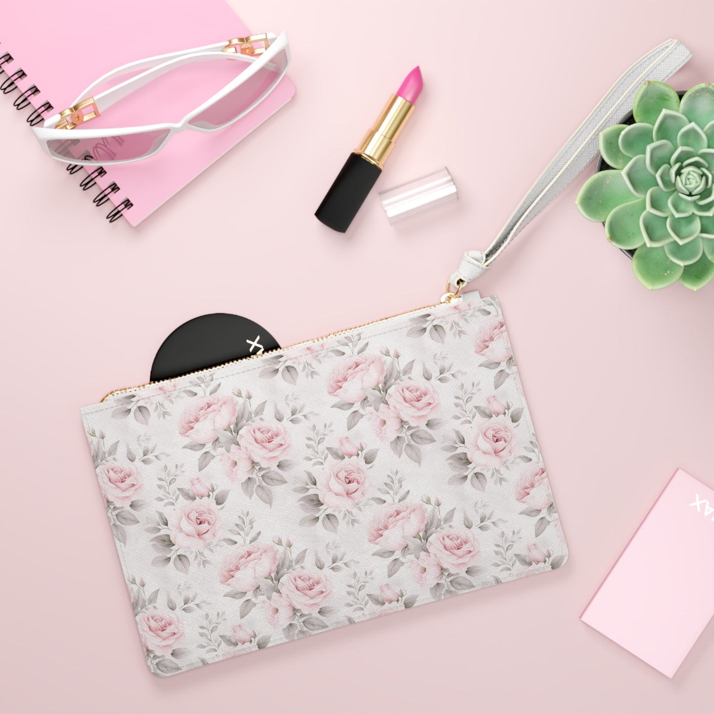 Pink Roses Clutch Wristlet Purse,  White Vegan Leather with Pocket Zipper Evening Modern Bag Strap Phone Wallet for Women