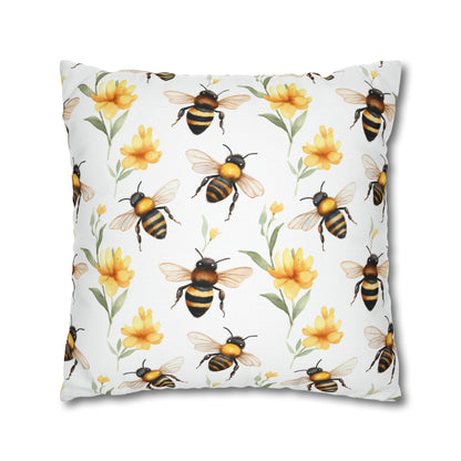 Bees Flowers Pillow Case, Yellow Floral Spring Square Throw Decorative Cover Room Decor Couch Cushion 20 x 20 Zipper Sofa