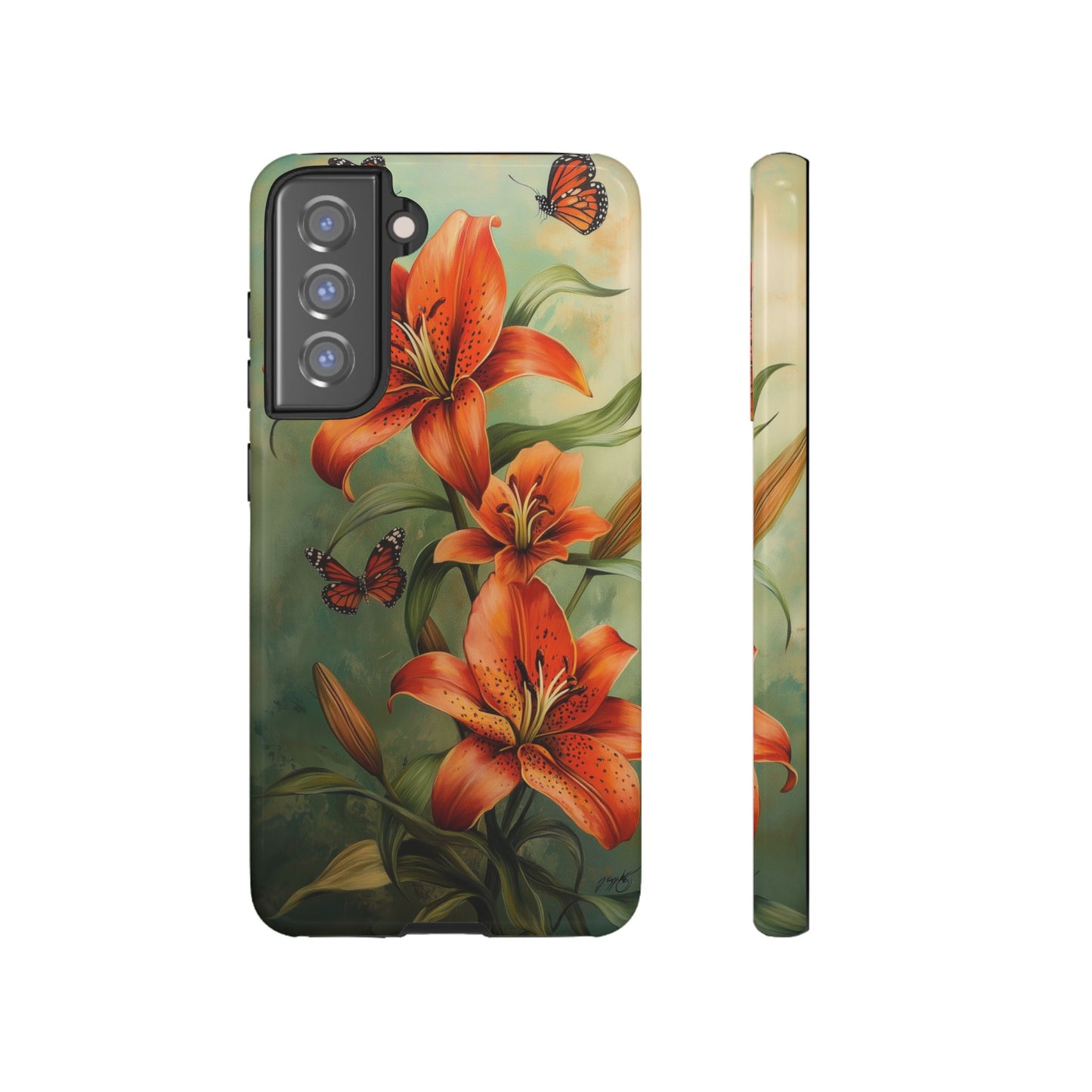 Tiger Lily Tough Phone Case, Flowers Floral Butterfly iPhone 16 15 14 13 Pro Max 12 11 8 Plus X XR XS Galaxy S24 S23 S22 S21 Google Pixel