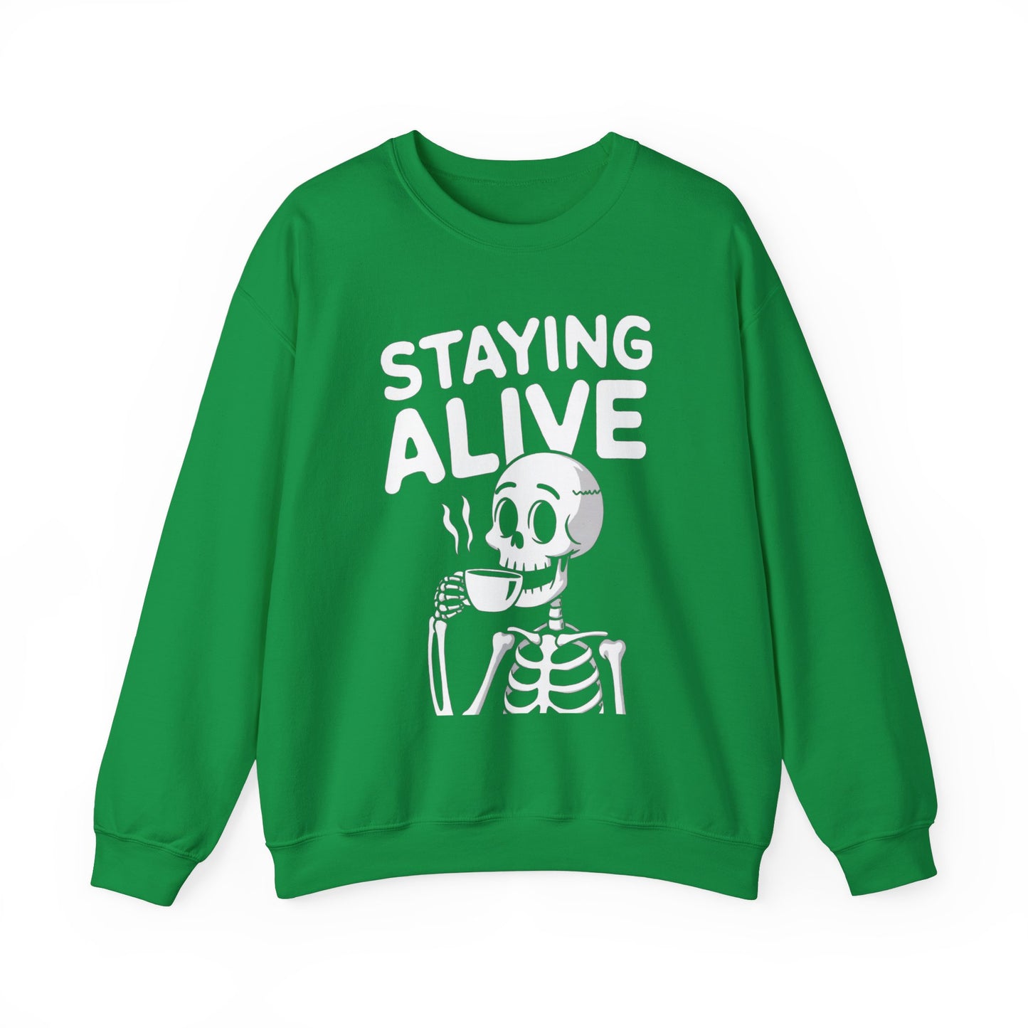 Staying Alive Coffee Sweatshirt, Skeleton Halloween Funny Graphic Crewneck Fleece Cotton Sweater Jumper Pullover Men Women Adult Top