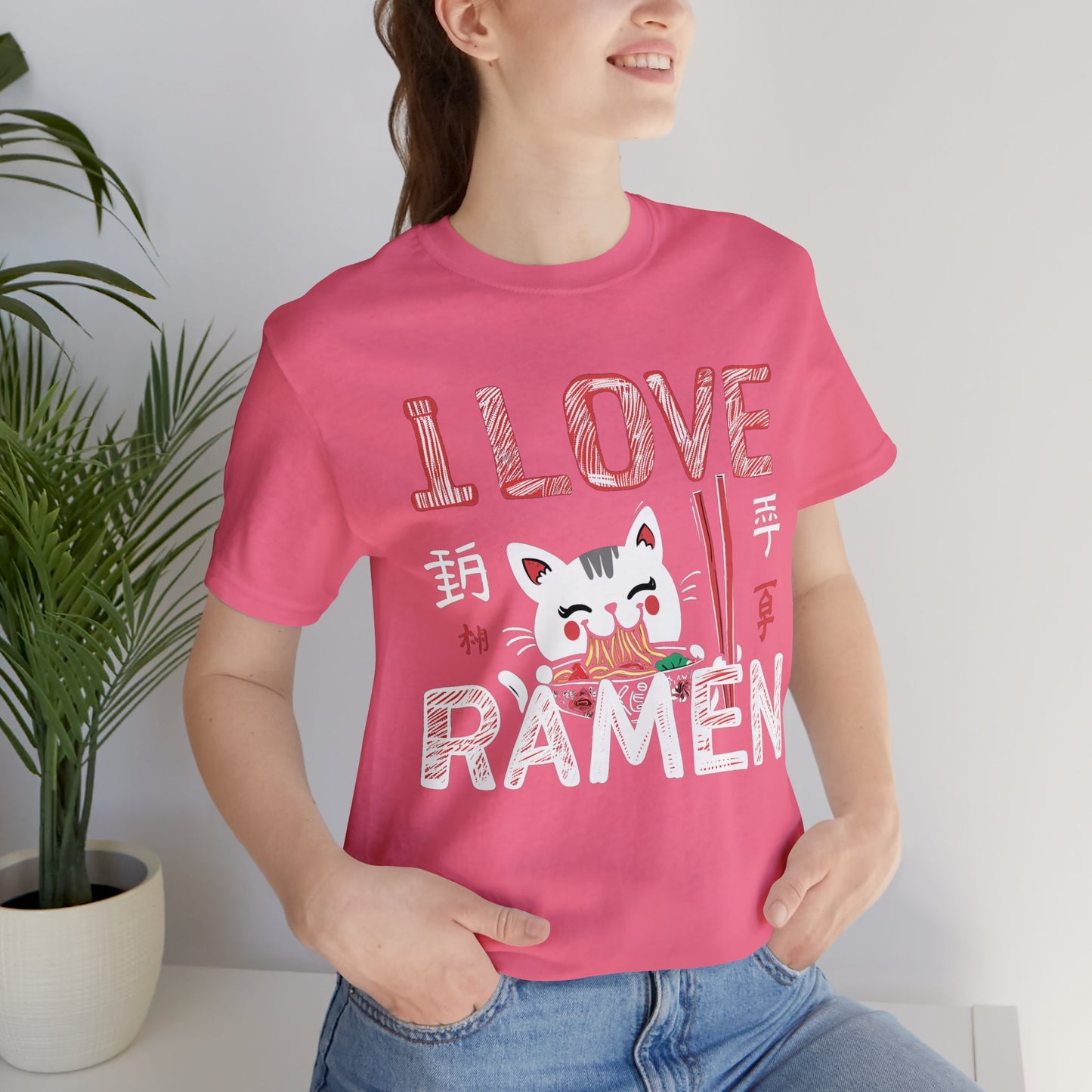 I love Ramen Tshirt, Cat Cup Noodles Eating Food Anime Designer Graphic Aesthetic Crewneck Men Women Tee Top Short Sleeve Shirt