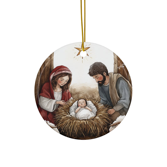 Nativity Christmas Ornament, Ceramic Ribbon Xmas Baby Jesus Mary Joseph Tree Trimming Watercolor Holiday Religious Meaningful Gift