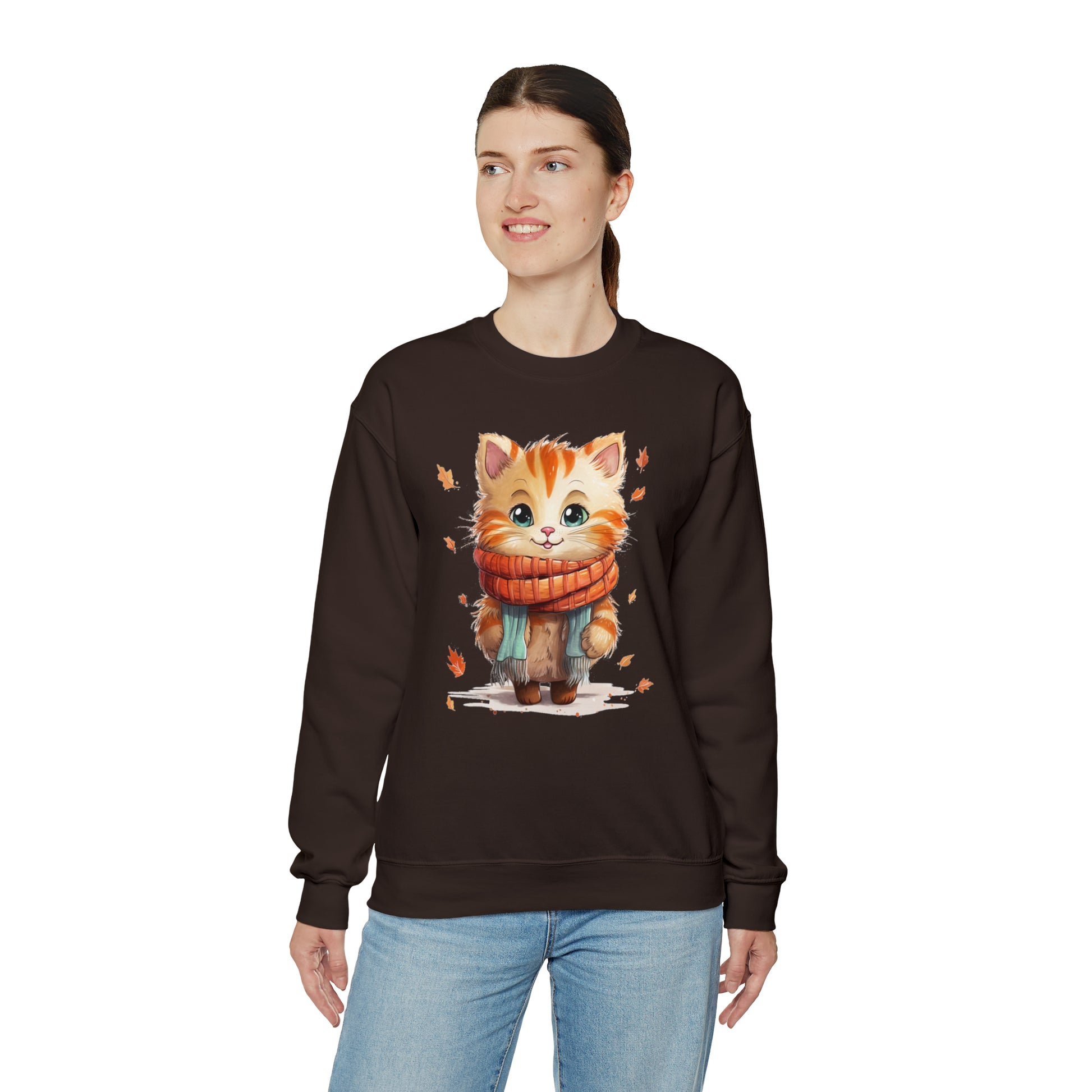 Cat Scarf Sweatshirt, Kitten Fall Autumn Leaves Graphic Crewneck Fleece Cotton Sweater Jumper Pullover Men Women Adult Aesthetic Top Starcove Fashion