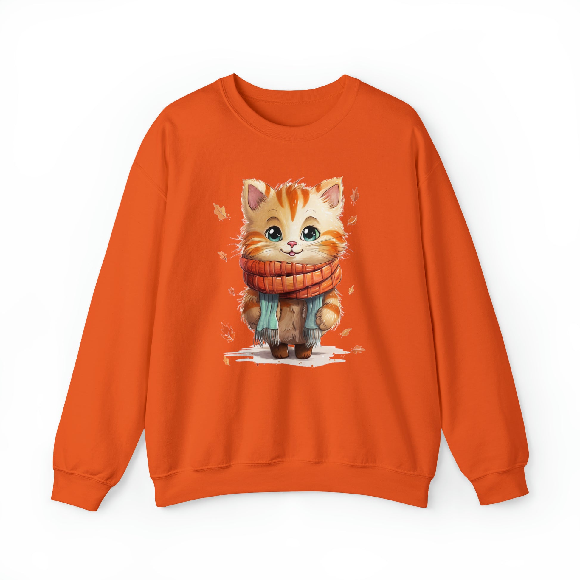 Cat Scarf Sweatshirt, Kitten Fall Autumn Leaves Graphic Crewneck Fleece Cotton Sweater Jumper Pullover Men Women Adult Aesthetic Top Starcove Fashion