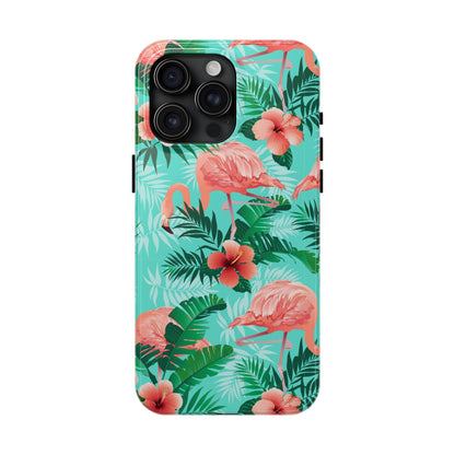 Pink Flamingo iPhone 15 14 13 12 11 Pro Max Tough Case, Green Tropical Monstera Print Cute Gift XS XR X 7 Plus 8 Cell Phone Galaxy