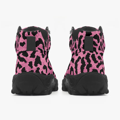 Pink Leopard Hiking Leather Boots, Animal Cheetah Print Men Women Lace Up Walking Hunting Rubber Shoes Print Ankle Winter Casual Work