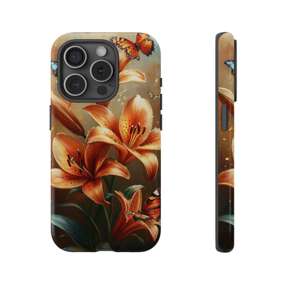 Cute Tiger Lily Tough Phone Case, Flowers Floral Butterfly iPhone 16 15 14 13 Pro Max 12 11 8 Plus X XR XS Galaxy S24 S23 S22 S21 Pixel