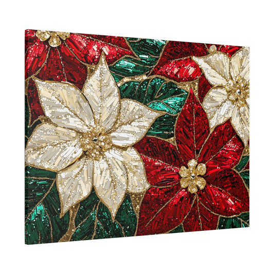 Poinsettia Flowers Canvas Gallery Wrap, Red Green White Christmas Xmas Wall Art Print Artwork Decor Small Large Hanging Modern Poster