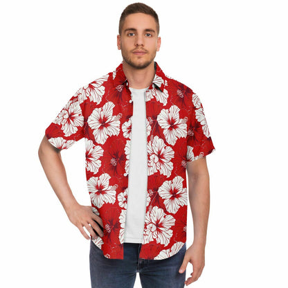 Red and White Floral Men Button Up Shirt, Hibiscus Flowers Short Sleeve Print Casual Buttoned Down Summer Guys Collared Designer Dress Shirt