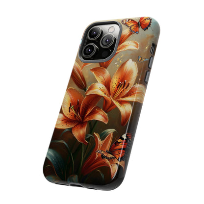 Cute Tiger Lily Tough Phone Case, Flowers Floral Butterfly iPhone 16 15 14 13 Pro Max 12 11 8 Plus X XR XS Galaxy S24 S23 S22 S21 Pixel