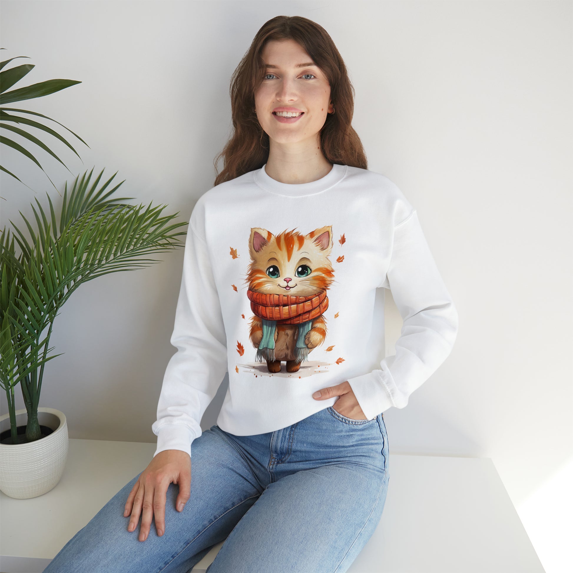 Cat Scarf Sweatshirt, Kitten Fall Autumn Leaves Graphic Crewneck Fleece Cotton Sweater Jumper Pullover Men Women Adult Aesthetic Top Starcove Fashion