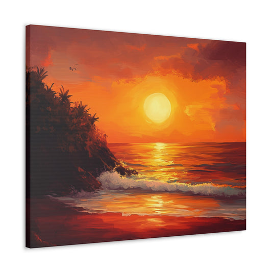 Sunset Canvas Gallery Wrap, Beach Ocean Sea Sun Coastal Scene Watercolor Wall Art Print Decor Small Large Hanging Landscape Living Room