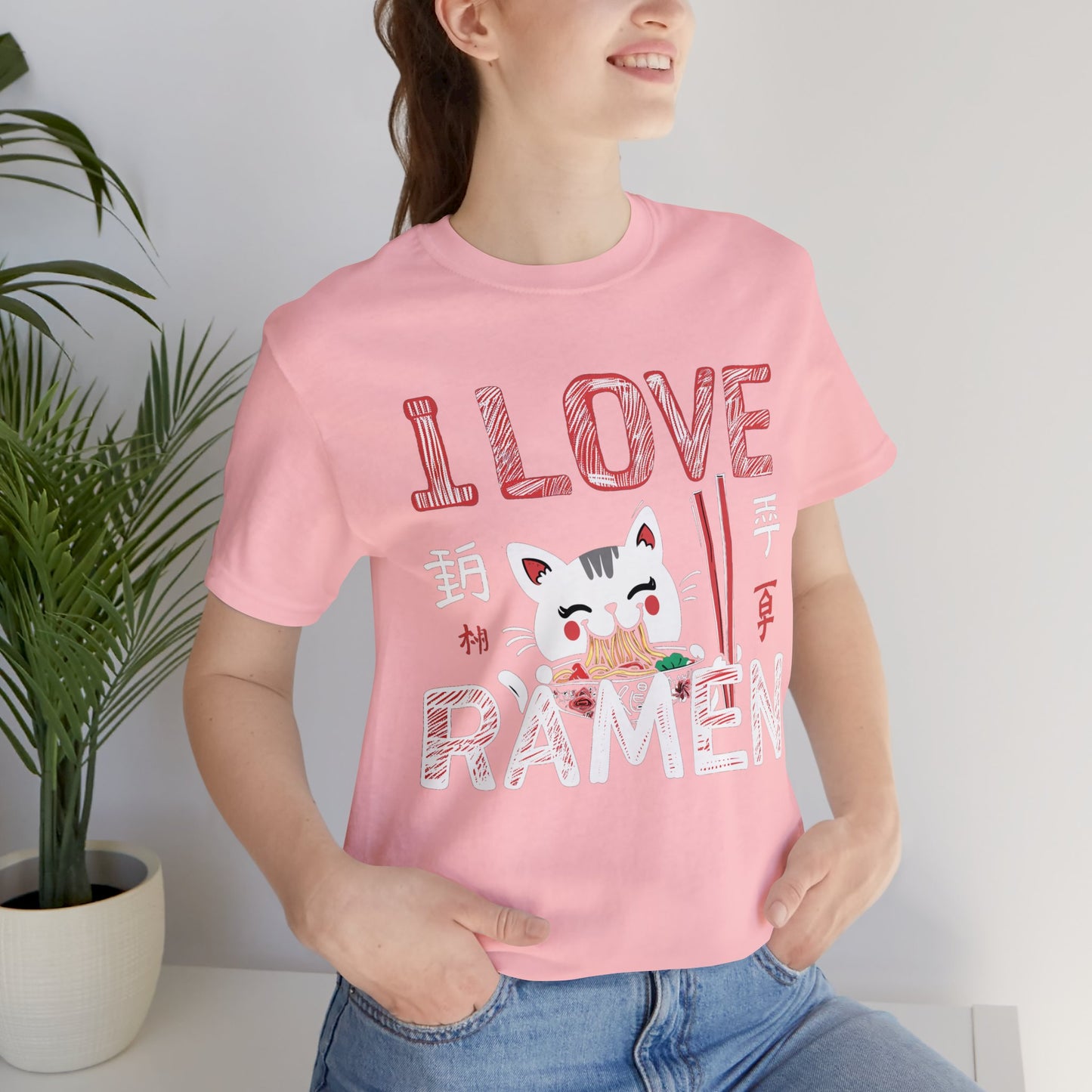 I love Ramen Tshirt, Cat Cup Noodles Eating Food Anime Designer Graphic Aesthetic Crewneck Men Women Tee Top Short Sleeve Shirt