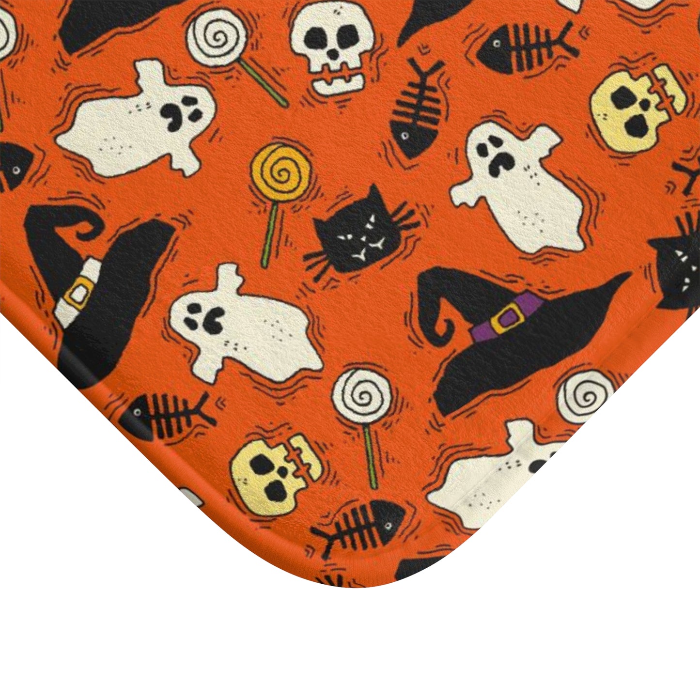 Halloween Bath Mat, Orange Black Cat Ghosts Skulls Shower Bathroom Decor Non Slip Floor Memory Foam Microfiber Large Small Washable Rug