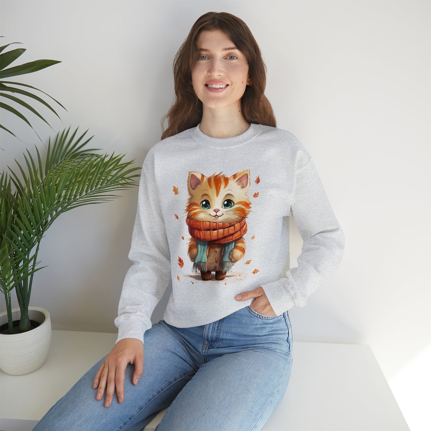 Cat Scarf Sweatshirt, Kitten Fall Autumn Leaves Graphic Crewneck Fleece Cotton Sweater Jumper Pullover Men Women Adult Aesthetic Top Starcove Fashion