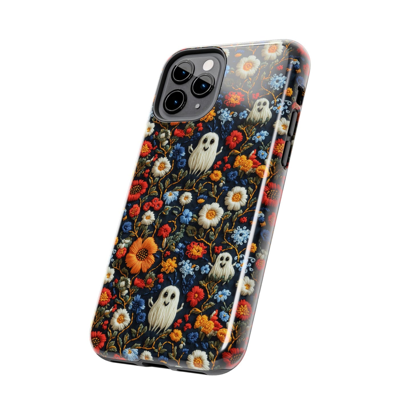 Cute Ghosts Tough Phone Case, Faux Embroidery Floral Halloween iPhone 15 14 13 Pro Max 12 11 8 Plus X XR XS Samsung Galaxy S24 S23 S22 S21