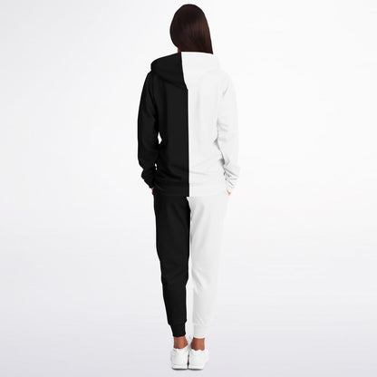 Half Black Half White Zip Hoodie Jogger Sweatsuit Set, Two Tone Split Zipper Lounge Hooded Sweatshirt Sweatpants Women Men Cotton Matching