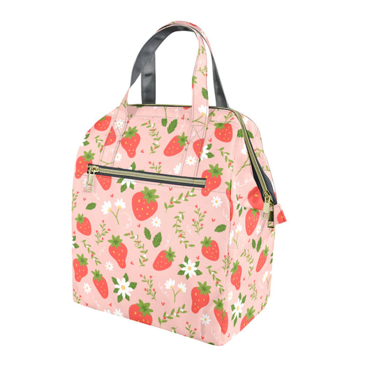 Strawberry Insulated Lunch Box Bag Tote, Pink Summer Fruit Floral Flowers Cute Food Container Adult Kids Women Teens Men School Work Handbag