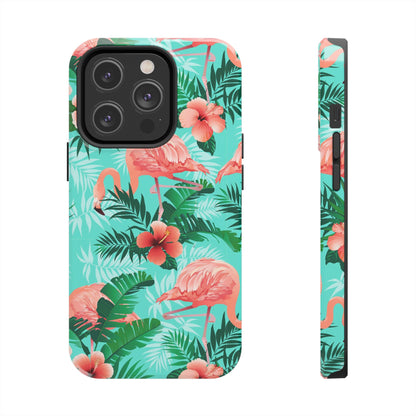 Pink Flamingo iPhone 15 14 13 12 11 Pro Max Tough Case, Green Tropical Monstera Print Cute Gift XS XR X 7 Plus 8 Cell Phone Galaxy