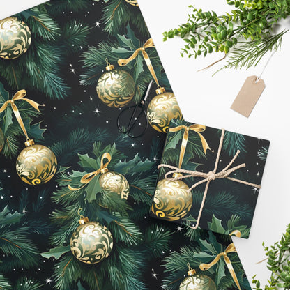 Stylish christmas gift wrapped in gold paper and green ribbon, festive  decorations on green Stock Photo by Sonyachny