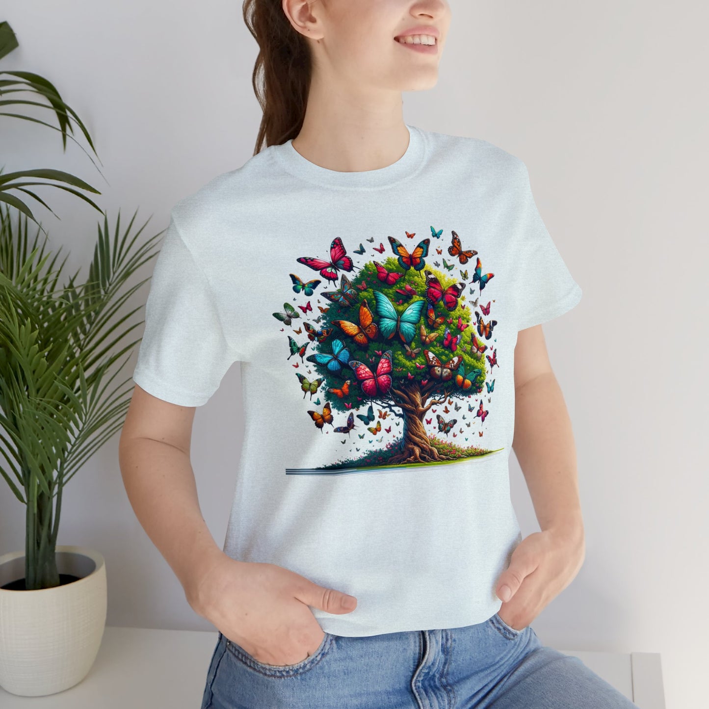 Butterflies Tree Tshirt, Butterfly Nature Garden Designer Graphic Aesthetic Crewneck Men Women Tee Top Short Sleeve Shirt