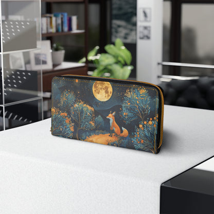 Fox Leather Wallet Women, Moon Trees Vegan Zipper Zip Around Coins Credit Cards Pocket Cash Ladies Pouch Slim Clutch Gift