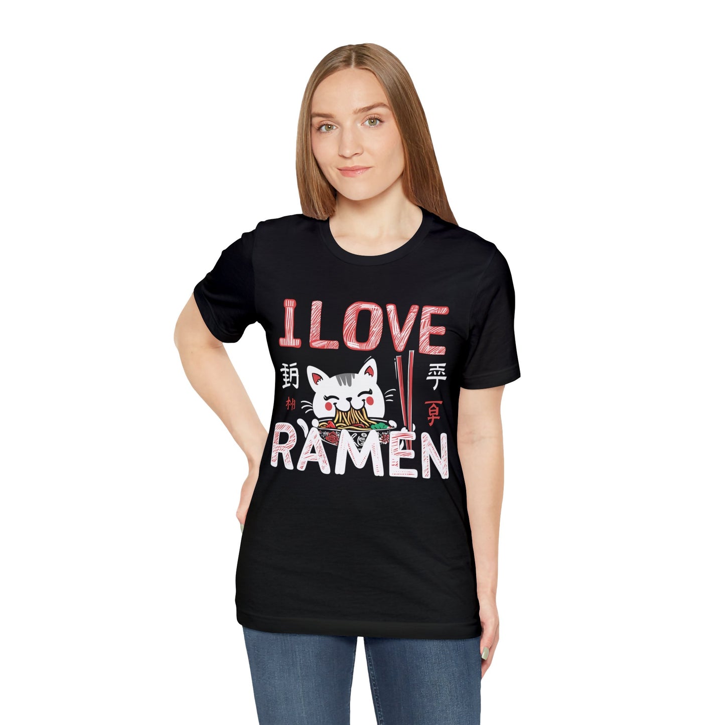 I love Ramen Tshirt, Cat Cup Noodles Eating Food Anime Designer Graphic Aesthetic Crewneck Men Women Tee Top Short Sleeve Shirt