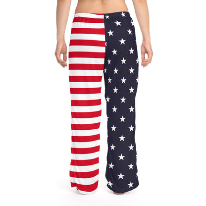 American Flag Women Pajamas Pants, USA Stripes Stars Red White Blue Satin PJ Pockets Trousers Sleep Loungewear Ladies Female Bottoms