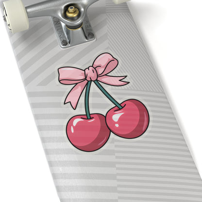 Red Cherry Coquette Sticker, Pink Bow Watercolor Decal Art Vinyl Laptop Cute Waterbottle Car Waterproof Bumper Clear Small Large Die Cut