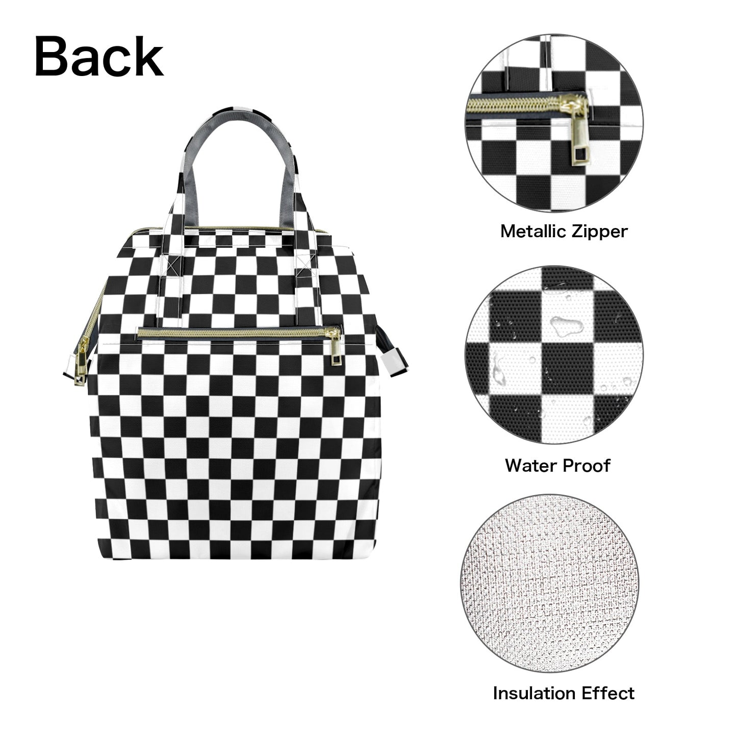 Black White Checkered Insulated Lunch Box Bag Tote, Check Summer Cute Food Container Adult Kids Women Teens Men School Work Handbag Office