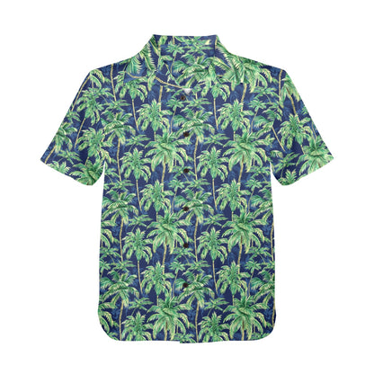 Blue Hawaiian Men Shirt with Palm Trees, Green Beach Print Vintage Aloha Hawaii Retro Summer Tropical Plus Size Pocket Guys Button Down