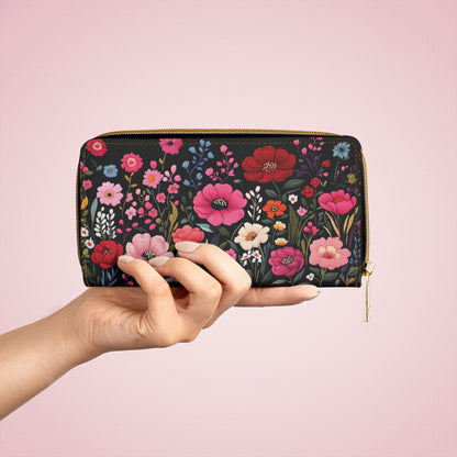 Pink Floral Leather Wallet Women, Flowers Faux Embroidery Vegan Zipper Zip Coins Credit Cards Pocket Cash Ladies Pouch Slim Clutch Purse