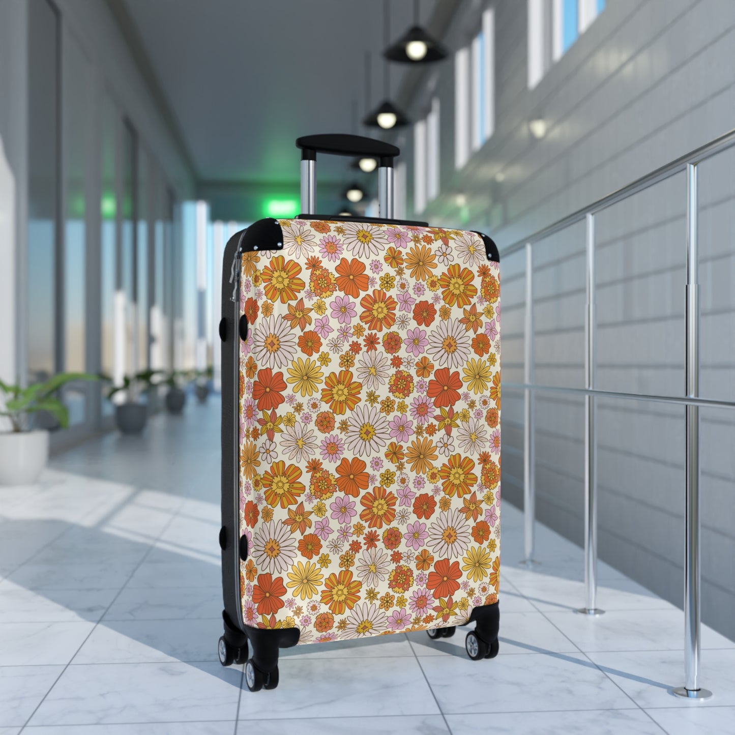 Retro Floral Suitcase Luggage, Vintage Flowers 70s Carry On 4 Wheels Cabin Travel Small Large Set Rolling Spinner Designer Hard Shell Case