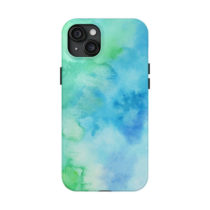 Blue Green Watercolor Tough Phone Case, Tie Dye Colorful Print Cute Cell Iphone 15 14 13 Pro Max 12 11 XS XR X 7 SE 8 Galaxy S24 S23 S22