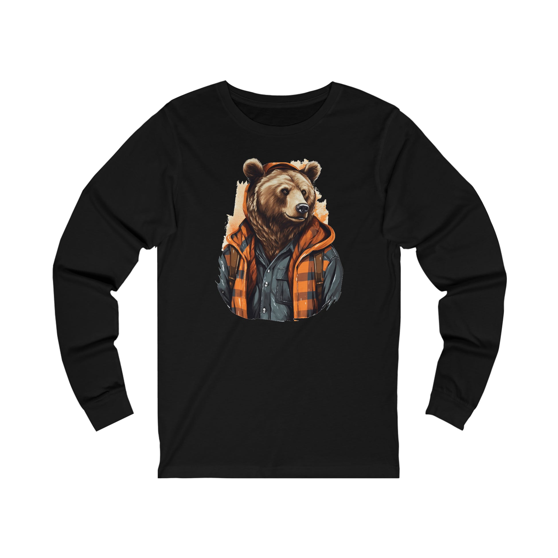 Bear Lumberjack Long Sleeve Tshirt, Fall Orange Plaid Unisex Men Women Designer Graphic Aesthetic Printed Crew Neck Tee Starcove Fashion