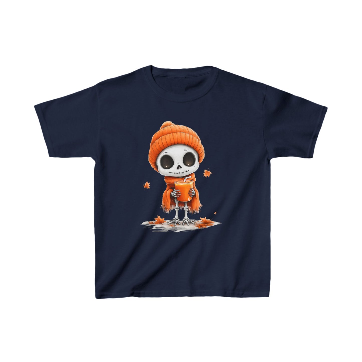 Cute Skeleton Kids Tshirt, Halloween Fall Orange Hat Drink Boys Girls Youth Aesthetic Graphic Crewneck Tee Short Sleeve Shirt Top