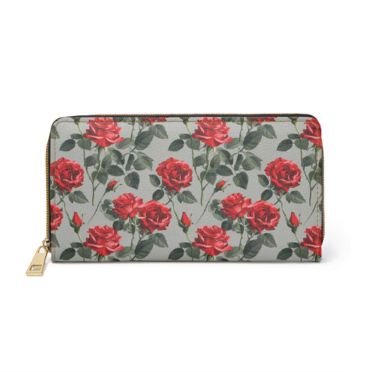 Roses Leather Wallet Women, Red Grey Floral Flowers Vegan Zipper Zip Around Coins Credit Cards Pocket Cash Ladies Pouch Slim Clutch Purse