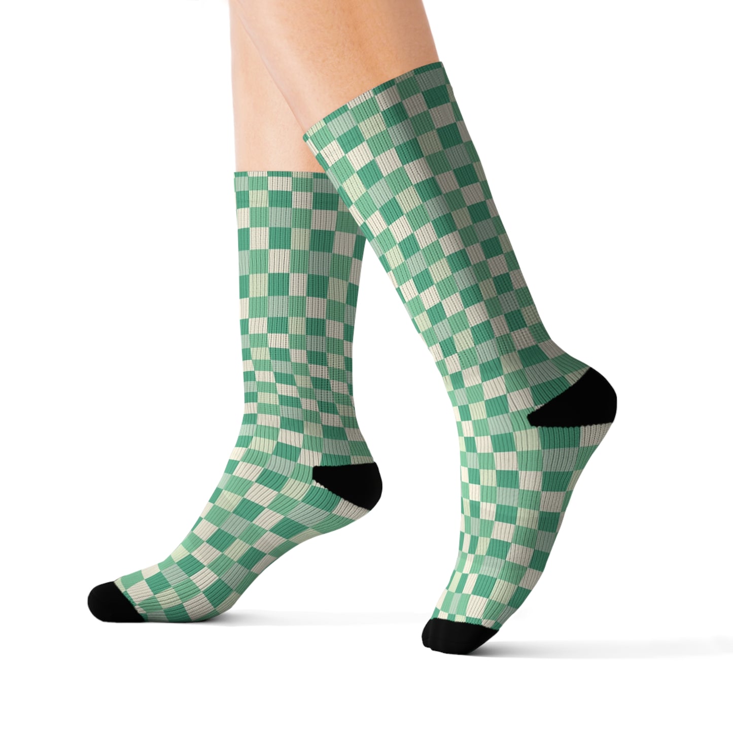 Green Checkered Socks, Olive White Crew Sublimation Women Men Designer Fun Novelty Cool Funky Crazy Casual Cute Unique Dress