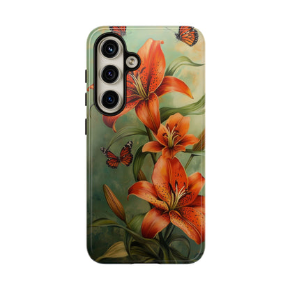 Tiger Lily Tough Phone Case, Flowers Floral Butterfly iPhone 16 15 14 13 Pro Max 12 11 8 Plus X XR XS Galaxy S24 S23 S22 S21 Google Pixel