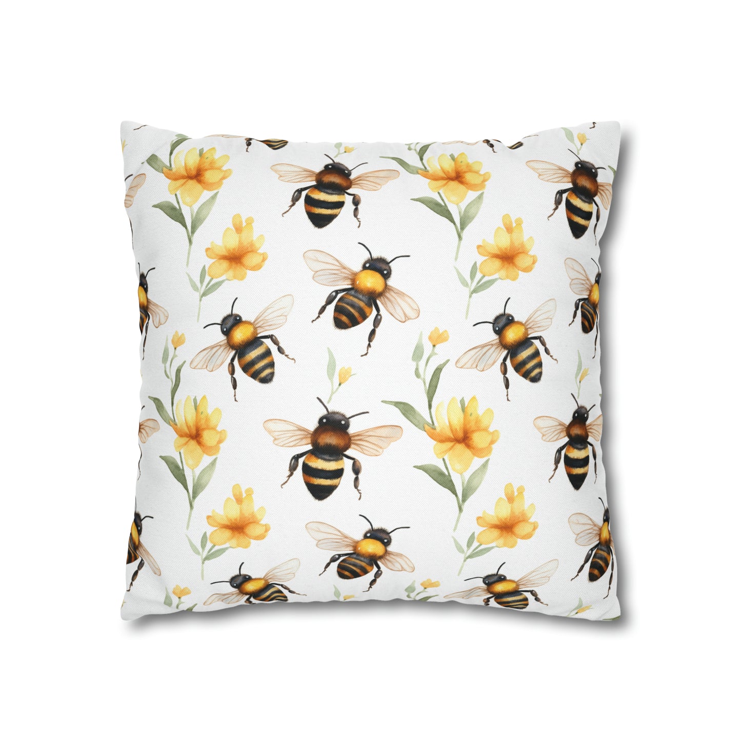 Bees Flowers Pillow Case, Yellow Floral Spring Square Throw Decorative Cover Room Decor Couch Cushion 20 x 20 Zipper Sofa