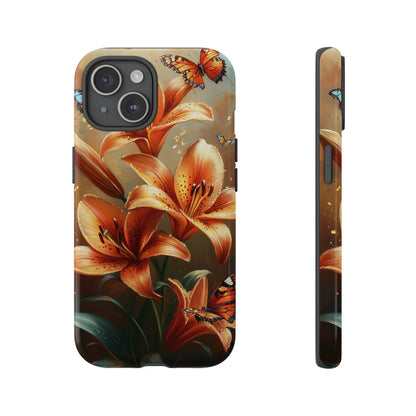 Cute Tiger Lily Tough Phone Case, Flowers Floral Butterfly iPhone 16 15 14 13 Pro Max 12 11 8 Plus X XR XS Galaxy S24 S23 S22 S21 Pixel