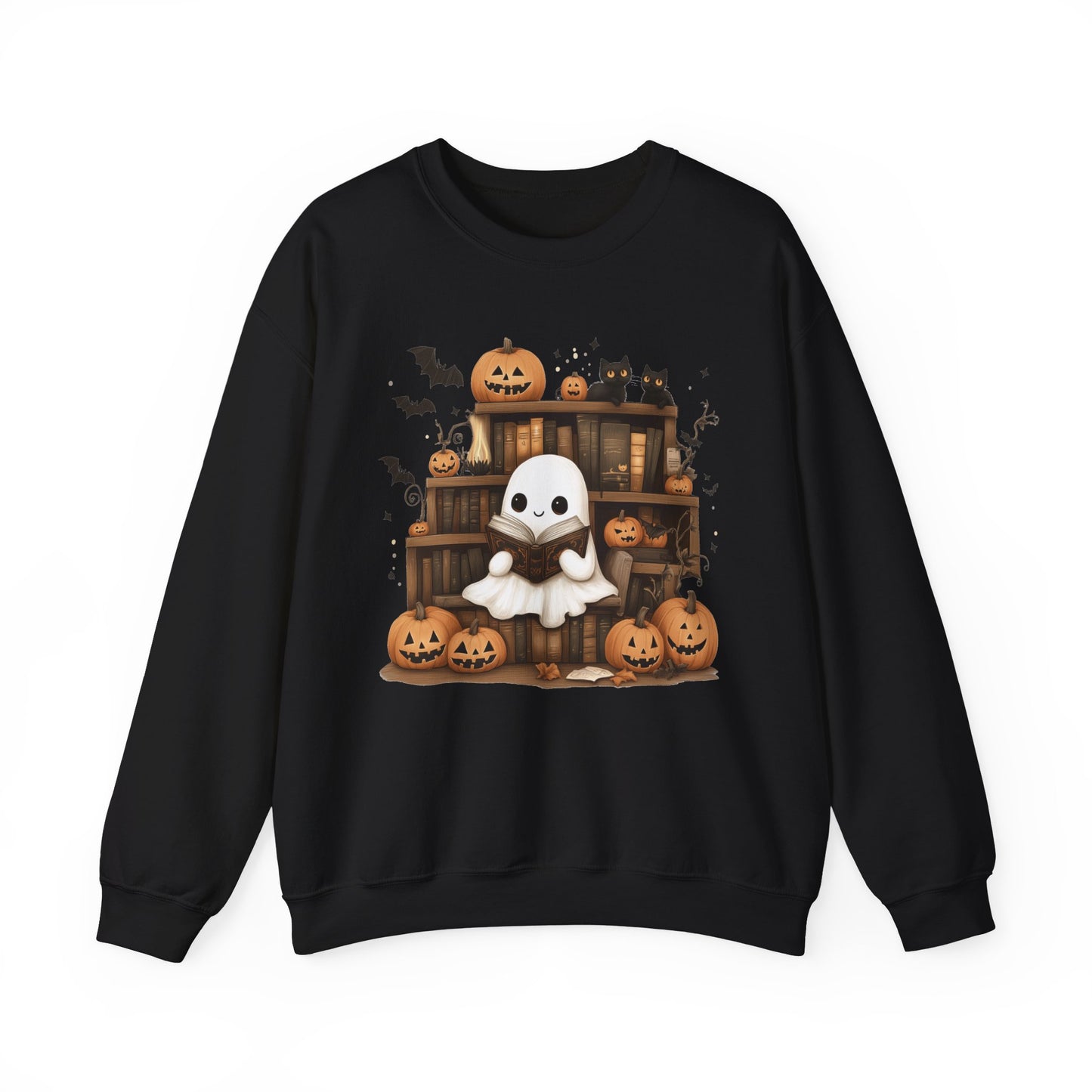 Ghost Reading Books Sweatshirt, Library Halloween Pumpkins Boo School Teacher Graphic Crewneck Cotton Sweater Jumper Pullover Men Women Top