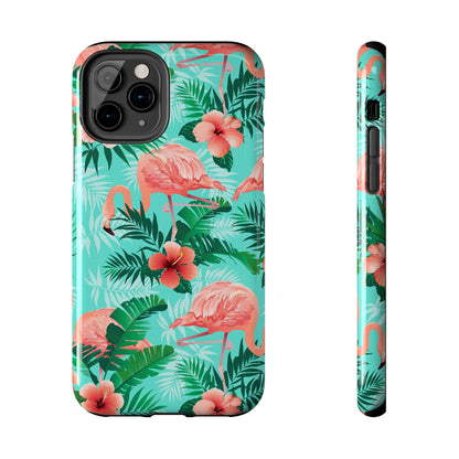 Pink Flamingo iPhone 15 14 13 12 11 Pro Max Tough Case, Green Tropical Monstera Print Cute Gift XS XR X 7 Plus 8 Cell Phone Galaxy