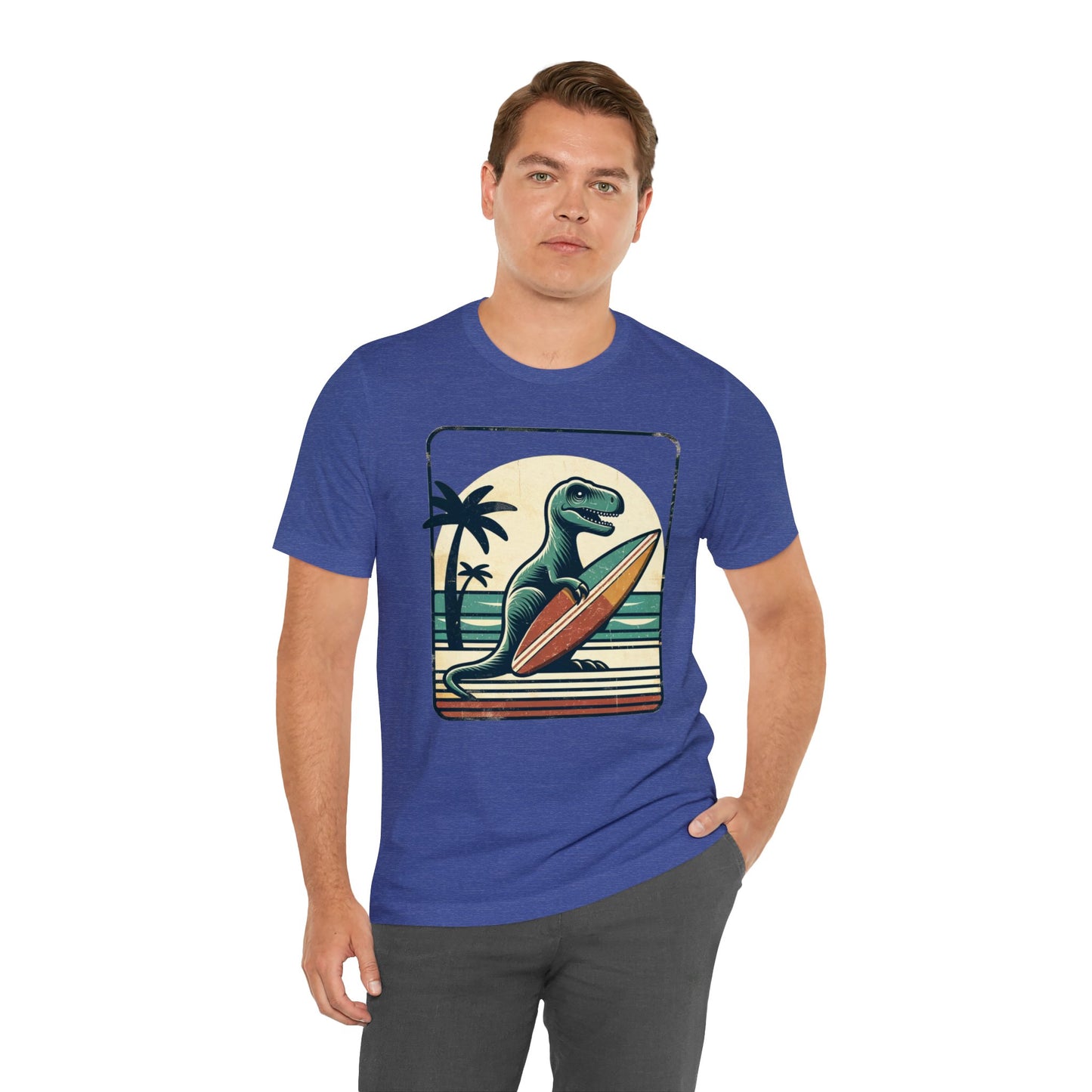 Dinosaur Surfboard Tshirt, Surfing Dino Adult Vintage Distressed Art Designer Graphic Cool 80s Crewneck Men Women Tee Short Sleeve Shirt