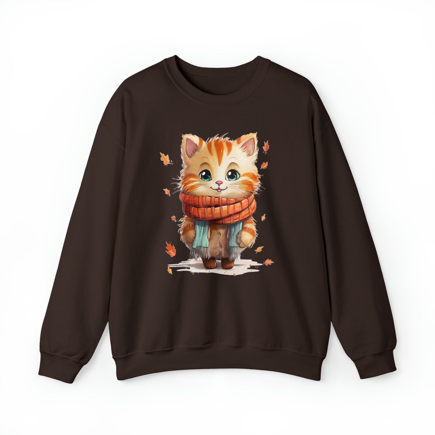 Cat Scarf Sweatshirt, Kitten Fall Autumn Leaves Graphic Crewneck Fleece Cotton Sweater Jumper Pullover Men Women Adult Aesthetic Top Starcove Fashion