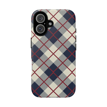 Blue Plaid iPhone 16 15 14 13 Tough Case, Checkered Check Tartan Cute 12 11 8 Plus X Xr Xs Pro Max Samsung S24 S23 S22 Galaxy Pixel Cover