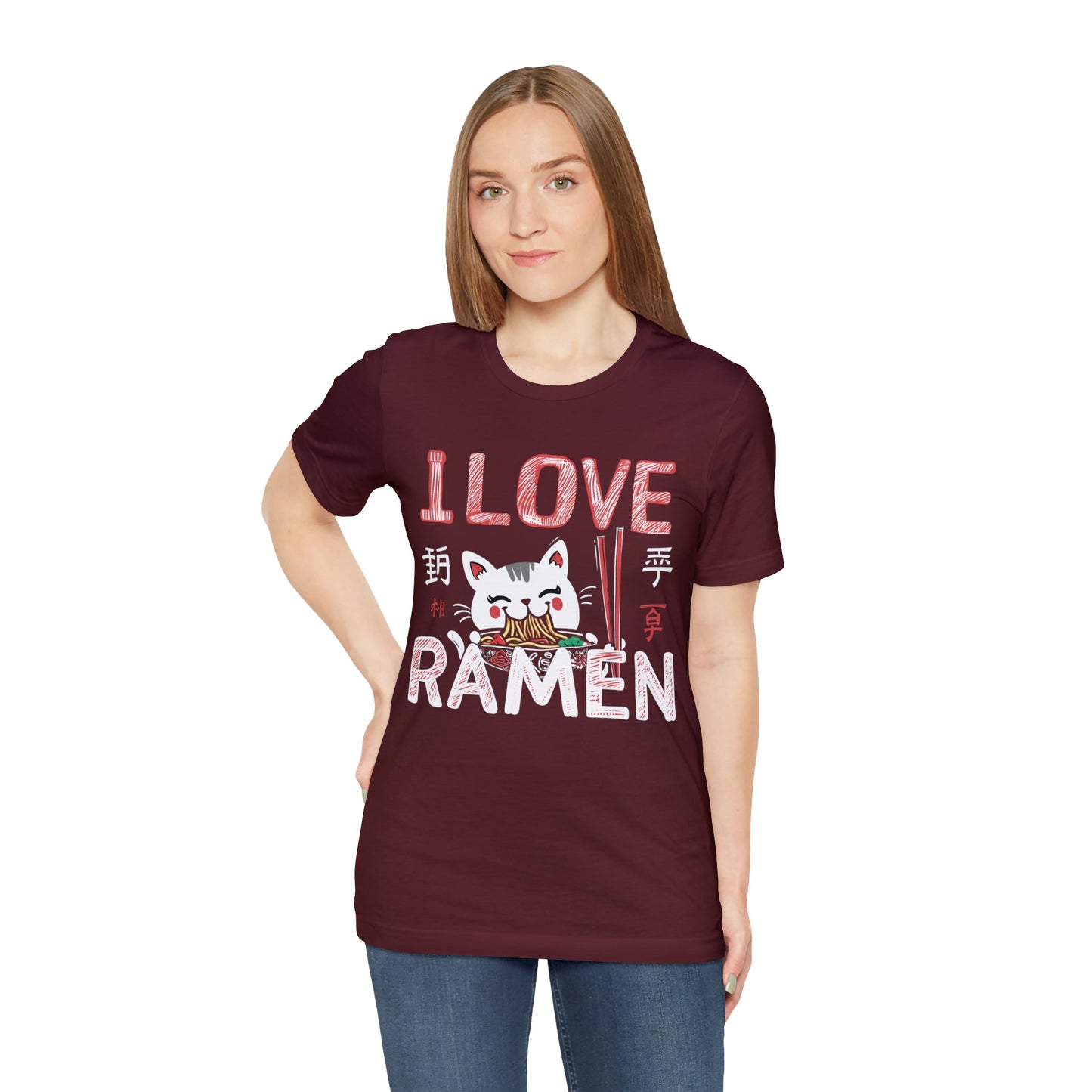 I love Ramen Tshirt, Cat Cup Noodles Eating Food Anime Designer Graphic Aesthetic Crewneck Men Women Tee Top Short Sleeve Shirt